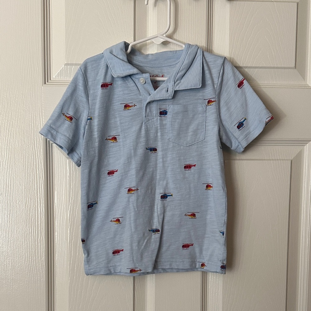 Kids Light Blue Polo Shirt with Helicopter Print